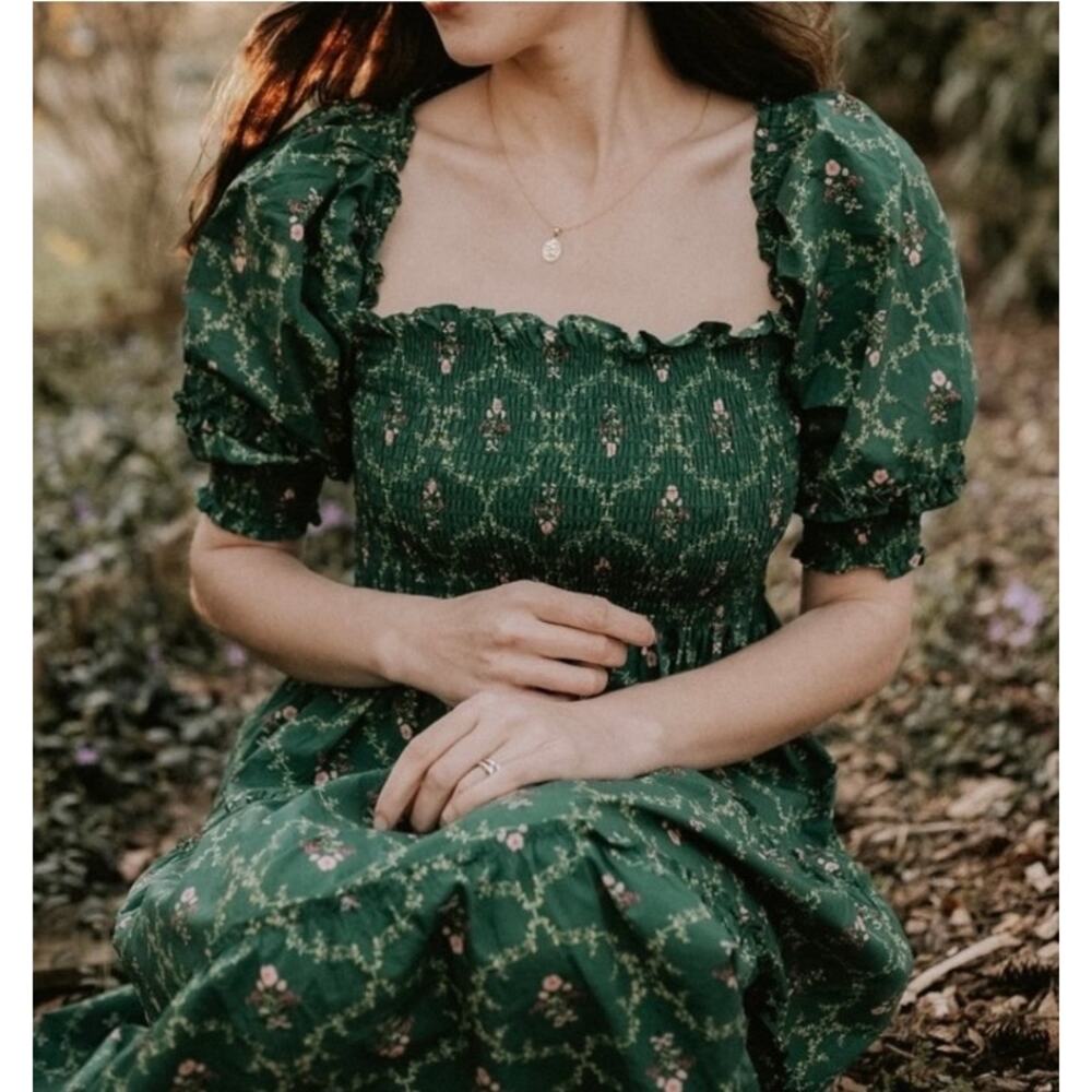 HILL HOUSE Home Nesli Emerald Trellis Dress Midi S - Picture 2 of 12